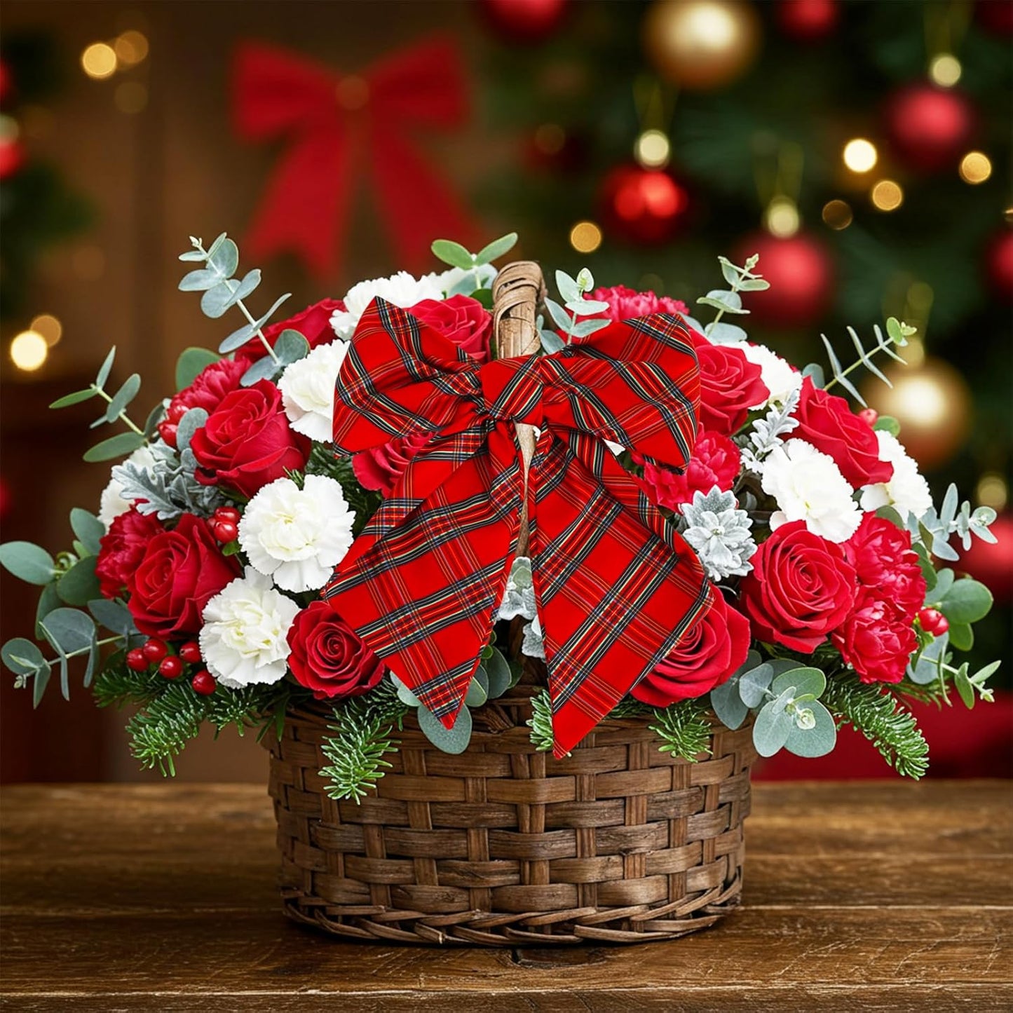 TONIFUL Wreath Sash - Red and Green Check Plaid | 4.5" x 56" Indoor/Outdoor Christmas Decor