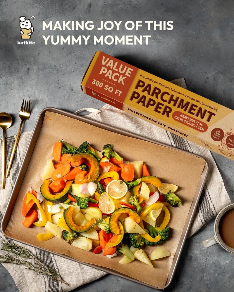 Katbite Unbleached Parchment Paper Roll, 15in x 242ft, 300 Sq.Ft, Non-Stick with Serrated Cutter for Baking, Cooking, Air Fryer