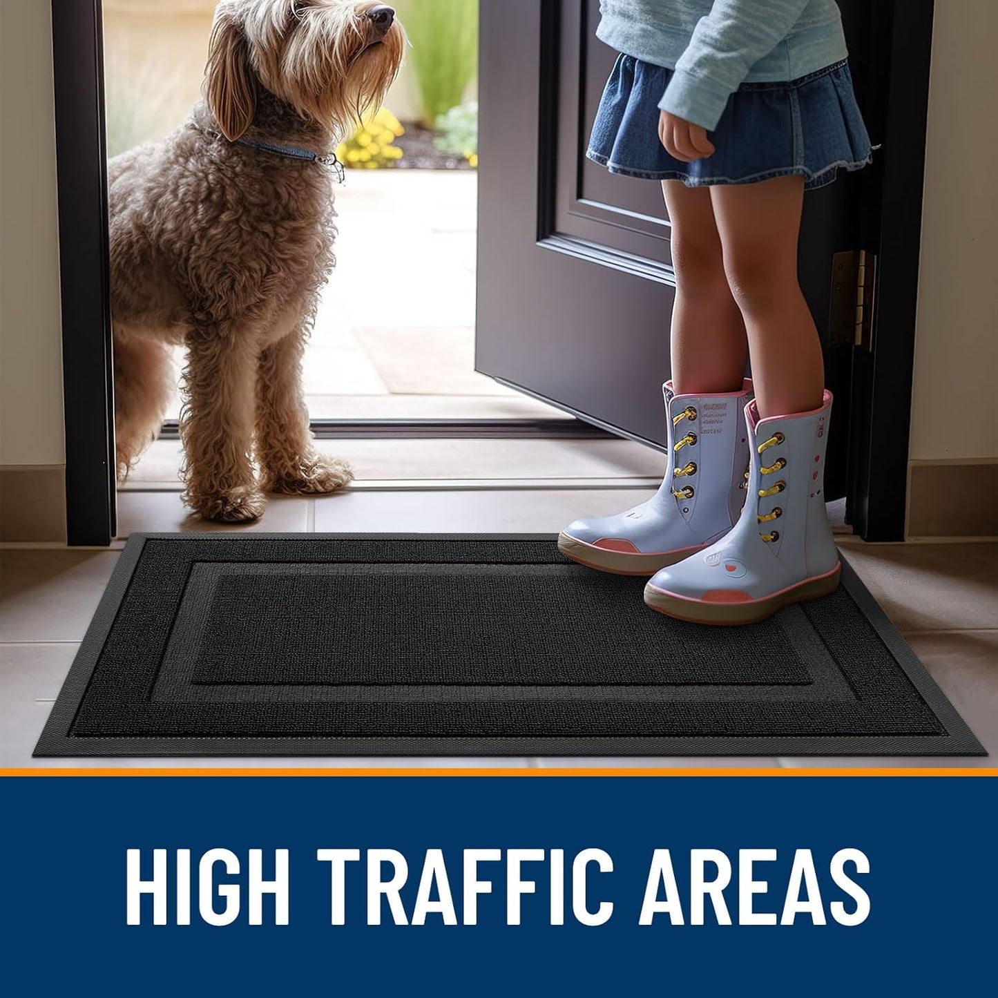 OLANLY Indoor Outdoor Front Door Mat - Waterproof All-Weather Doormat, Sturdy Rubber, 59x23, Jet Black