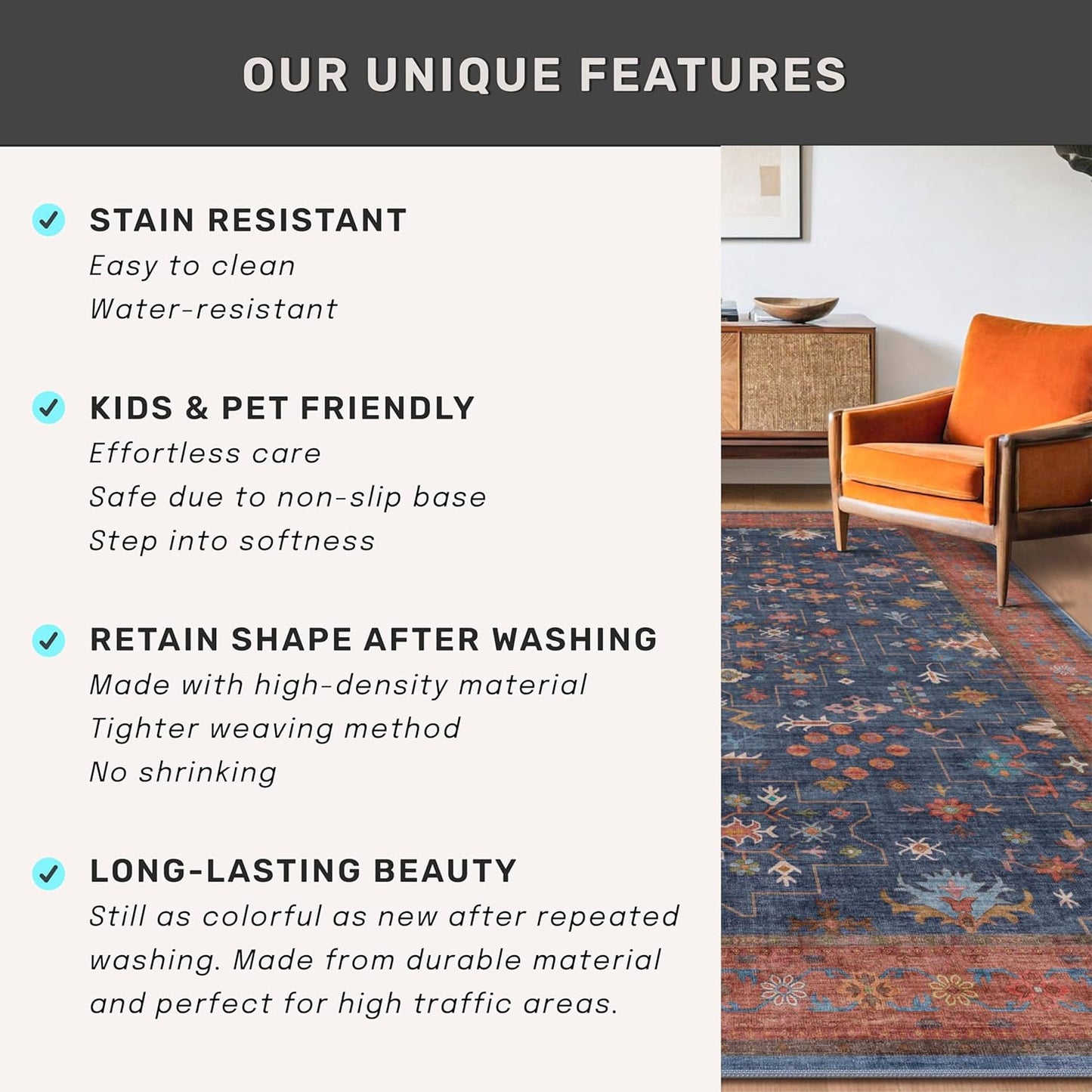 Skiennix Washable Kitchen Rugs - Stain Resistant Non-Slip Area Rug for Entryway | 3x6 Navy Blue