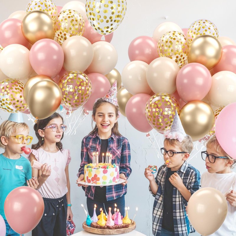Blush Pink and Gold Balloons Set, 12 Inch Retro Pink and Champagne Gold Balloons Pastel Pink Metallic Gold Confetti Balloons for Birthday Bridal Shower Bachelorette Boho Party Supplies
