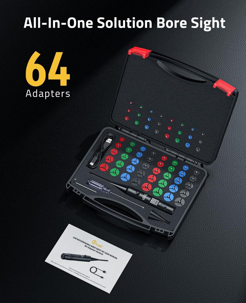 CVLIFE Rechargeable Bore Sight Laser Kit with 64 Adapters fit 0.17 to 12GA Calibers, Professional Green Laser Bore Sight with Button Switch, Powerful Choice for Hunting Bore Sight Tool