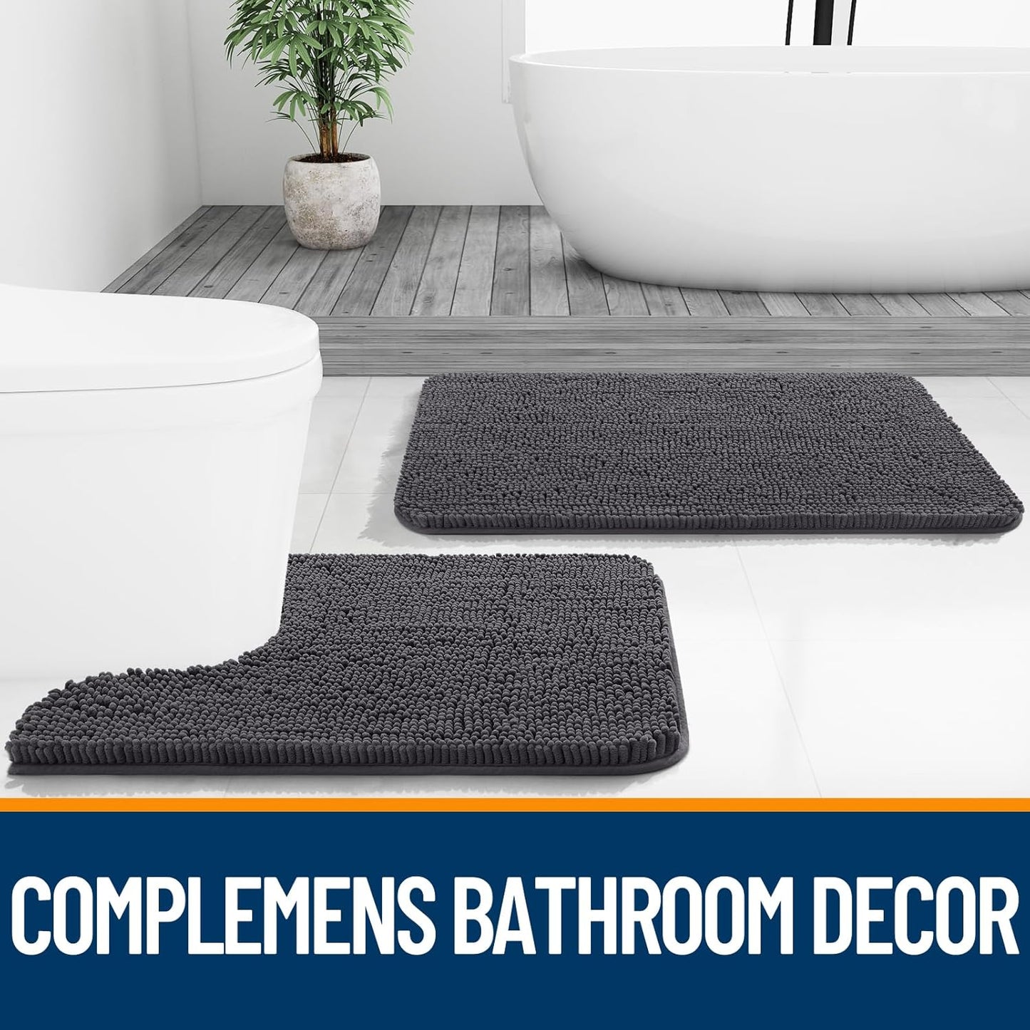 OLANLY U-Shaped Toilet Rugs - Extra Soft, Absorbent Chenille | 24x20, Dark Grey, Non-Slip & Machine Washable