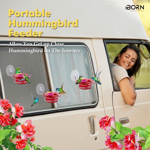 iBorn Mini Hummingbird Feeder - 3 Oz Outdoor Feeder with Strong Suction Cup & Stainless Steel Base | 3 Feeding Ports