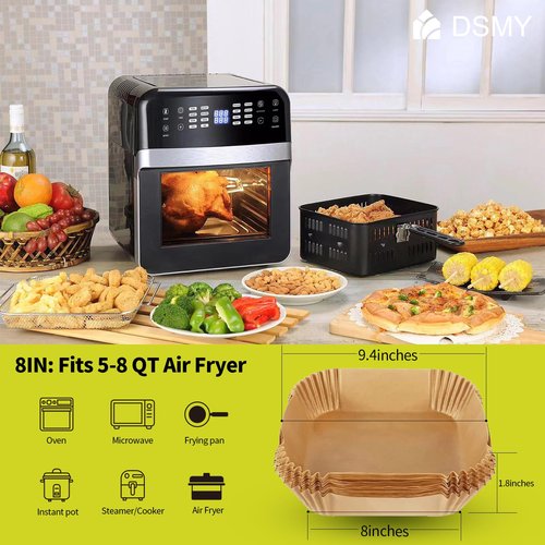 DSMY 150 PCS Air Fryer Disposable Paper Liners,8 Inch Square Parchment Disposable Paper Liner for 5-8QT Air Fryer,Baking, Roasting and Microwave, Non-Stick Airfryer Accessories