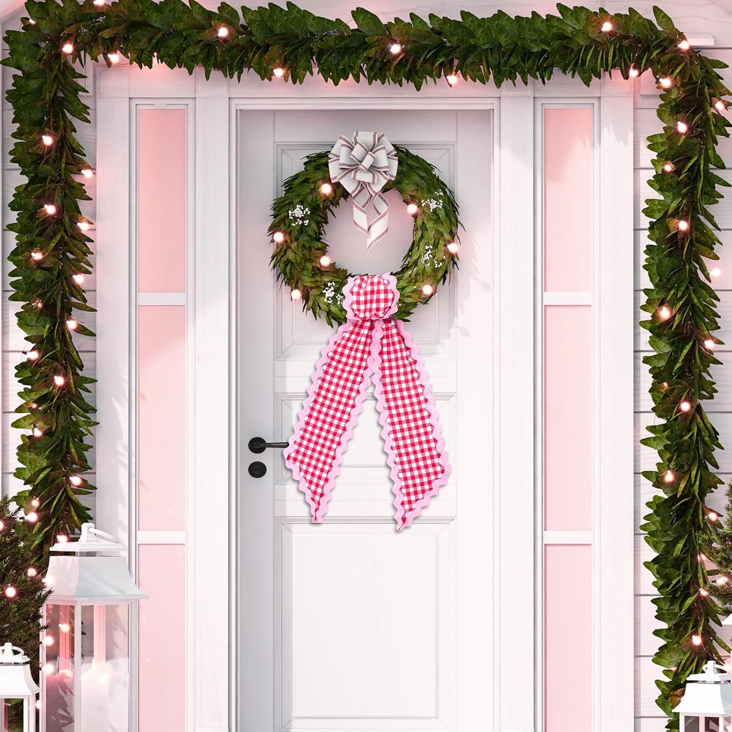 Whaline Wreath Sash Set - White & Red Plaid Garland Ribbons for Holiday & Wedding Decor | 2 Pieces