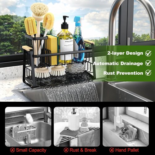 Housolution Kitchen Sink Caddy Organizer - 2-Tier Sponge Holder with Flexible Brush Storage | Rustproof Design