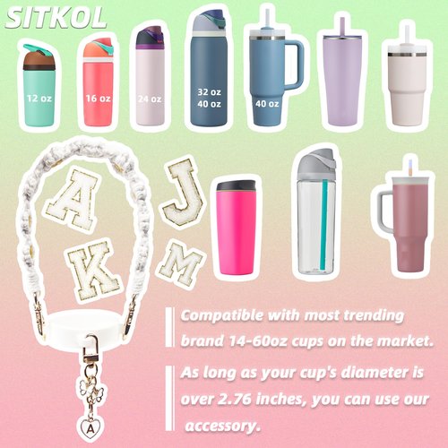 Cute Letter Charm Set Compatible with Owala Water Bottle 24 oz, 32 oz, 40 oz, Owala Kids, Owala Coffee Tumbler, Owala FreeSip – Includes Handle Strap, for Owala & Stanley Cup Accessories (White, K)