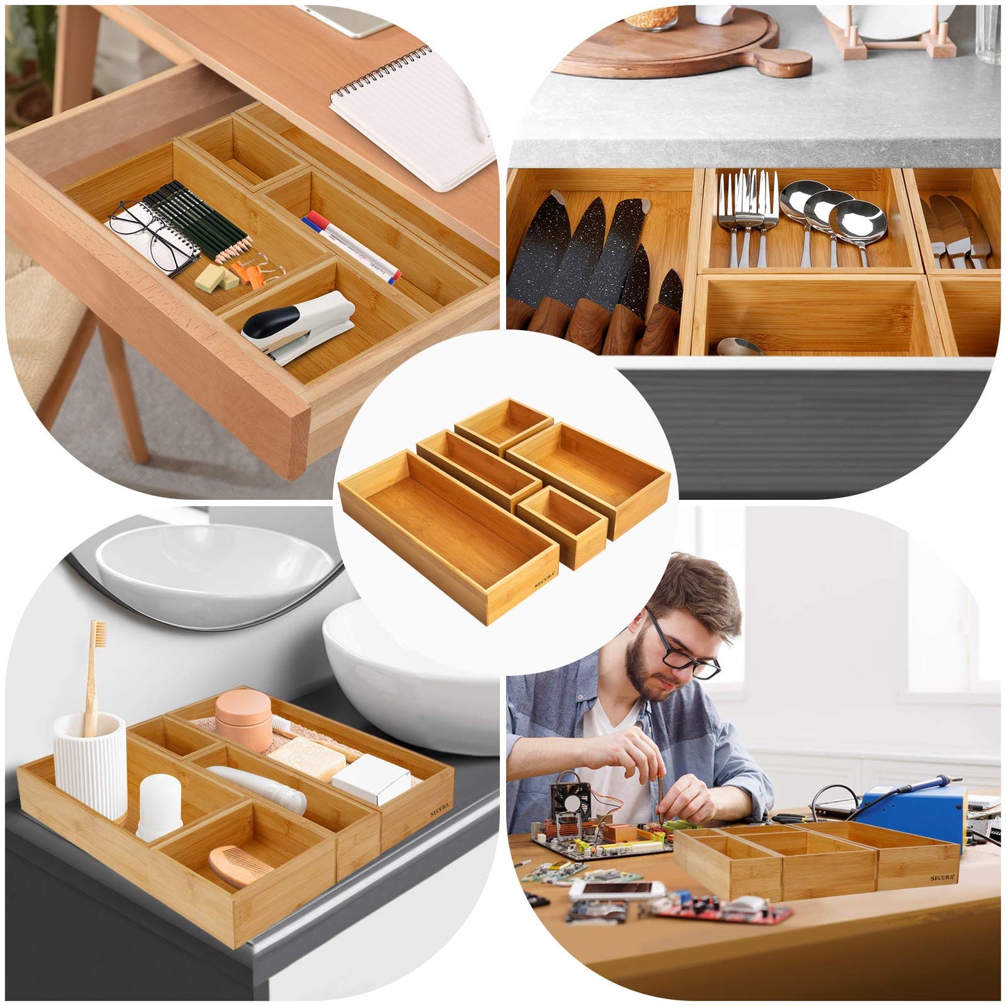 Secura Kitchen Drawer Utensil Organizer Box Set 𝟱 𝗣𝗮𝗰𝗸, Bamboo Utensil Holder Cutlery Makeup Silverware Jewelry Flatware Organization Tray for Kitchen, Bathroom, Office and Living Room