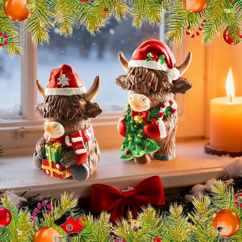 Exasinine Highland Cow Figurines - Festive Christmas Decor with Santa Hat & Candy Cane | 2 Pcs for Home & Office