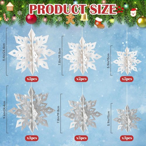 GuassLee 15-Piece 3D Glitter Snowflake Decorations | White & Silver Winter Garland for Christmas Parties