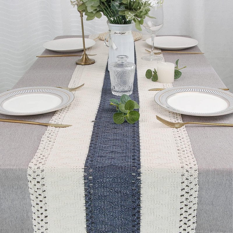 FEXIA Boho Table Runner 90 Inches Long with Tassels Farmhouse Rustic Cream & Blue Macrame for Dining Bedroom Baby Bridal Shower Decor(12x90 Inches)