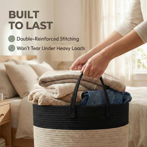 JMvicyroam Extra Large Blanket Basket - Woven Cotton Rope Laundry Hamper with Reinforced Handles | Black & Jute, Machine Washable