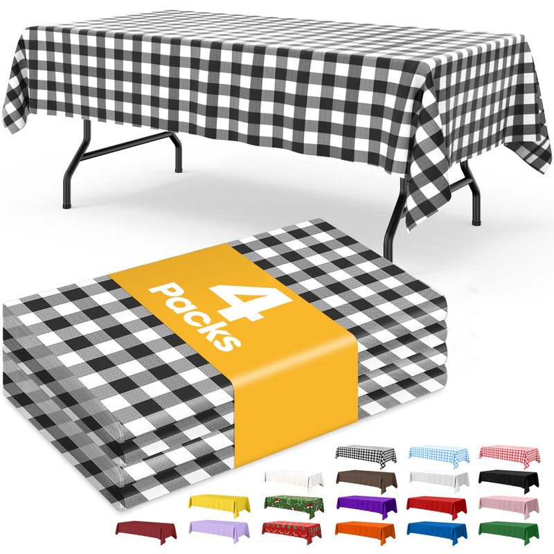 Niuara Black Checkered Plastic Table Cloth - 4 Pack 54" × 108" Rectangle Disposable Tablecloths for 6FT Tables, Table Cover for Party, Holiday & Gathering Use