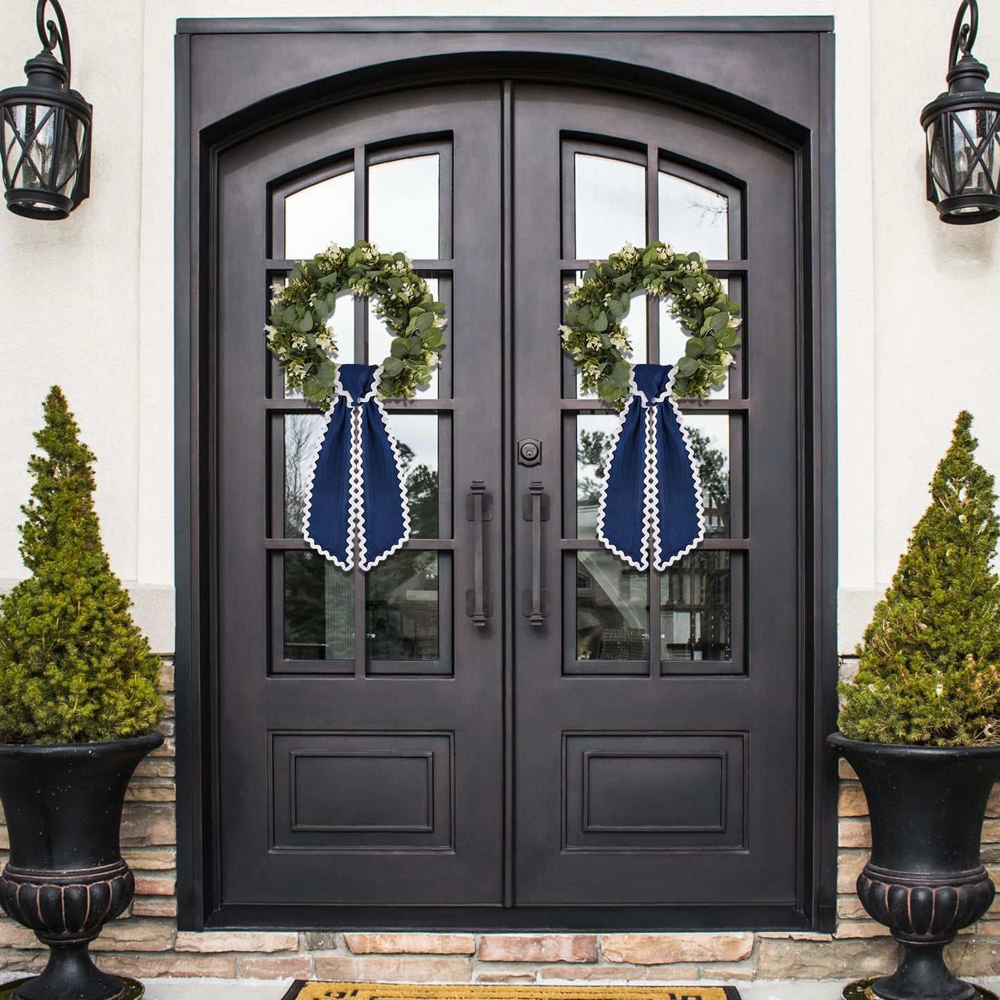 Skiennix Scalloped Wreath Sash - Ruffle Ribbon Bow for Front Door Decor | Navy and White, 2 Pcs