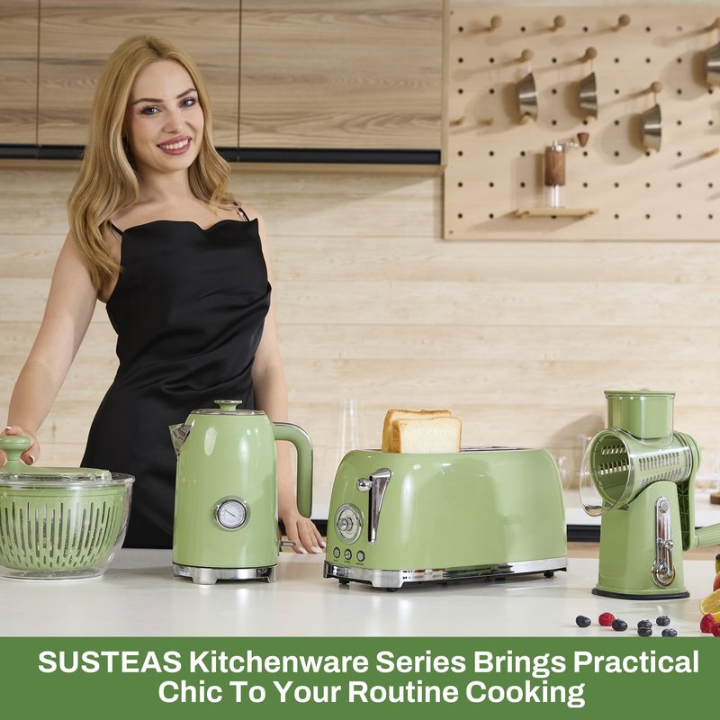 SUSTEAS Toaster 4 Slice Wide Slot, Stainless Steel Bread Bagel Toasters, Retro Long Slot Tostadora for Defrost, Reheat, Removable Crumb Tray, 1500W, 6 Browning Settings, Retro Green