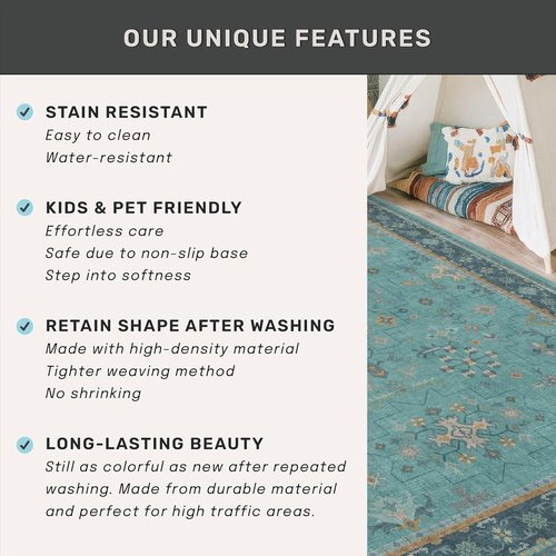 Boho Extra Long Runner Rug - Machine Washable & Stain Resistant | Non-Slip Rubber Backing, Teal 2x10