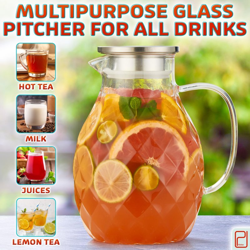Premium Borosilicate Glass Pitcher with Lid and Spout - 2 Liter / 68 oz, Borosilicate Glass with Handle - Carafe for Hot/Cold Beverages - Water Jug - Iced Tea Pitcher - Juice Server