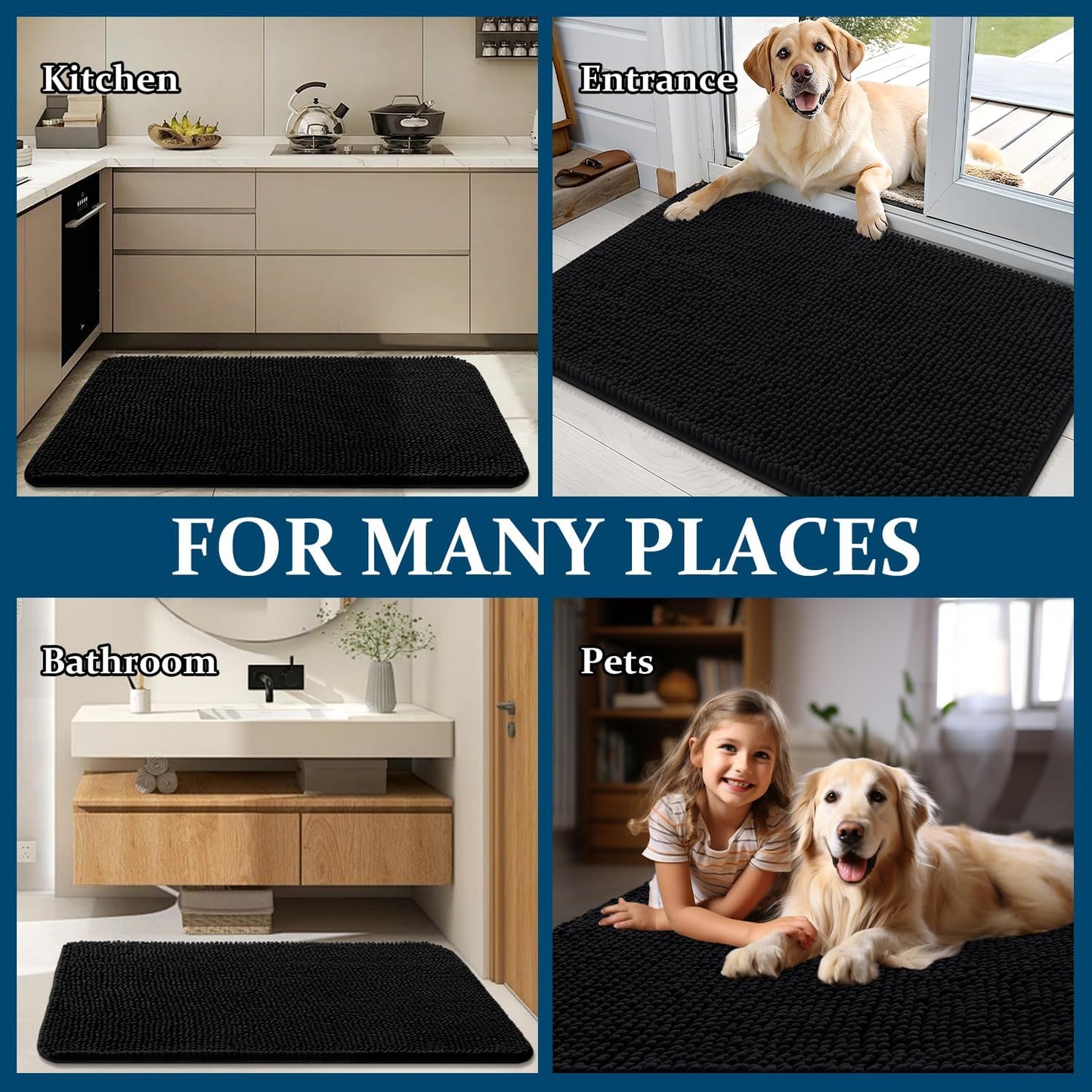 OLANLY Dog Door Mat - Absorbent Non-Slip Chenille Mat for Muddy Paws | 45x27 Inches, Quick Dry, Black