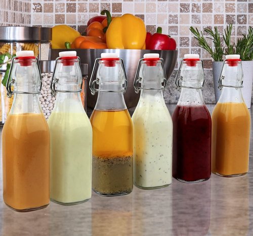 Estilo Swing Top Easy Cap Clear Glass Bottles with Caps, Round, 8.5 oz, Set of 6 - Standard Size, Flip Top Glass Bottles to Store Home Brews, Oils, Vinaigrettes, Wines, Beer, Teas - Syrup Bottles