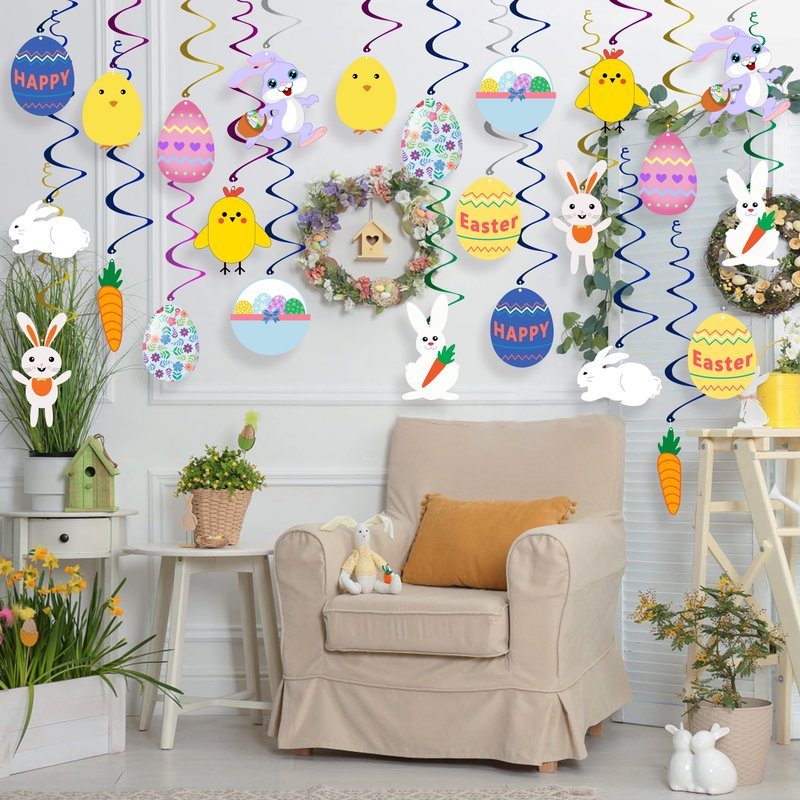 Easter Hanging Swirl Decorations - Pack of 36 | Easter Decorations Egg Bunny Hanging Swirl Foil Decoration for Home Office Party Supplies