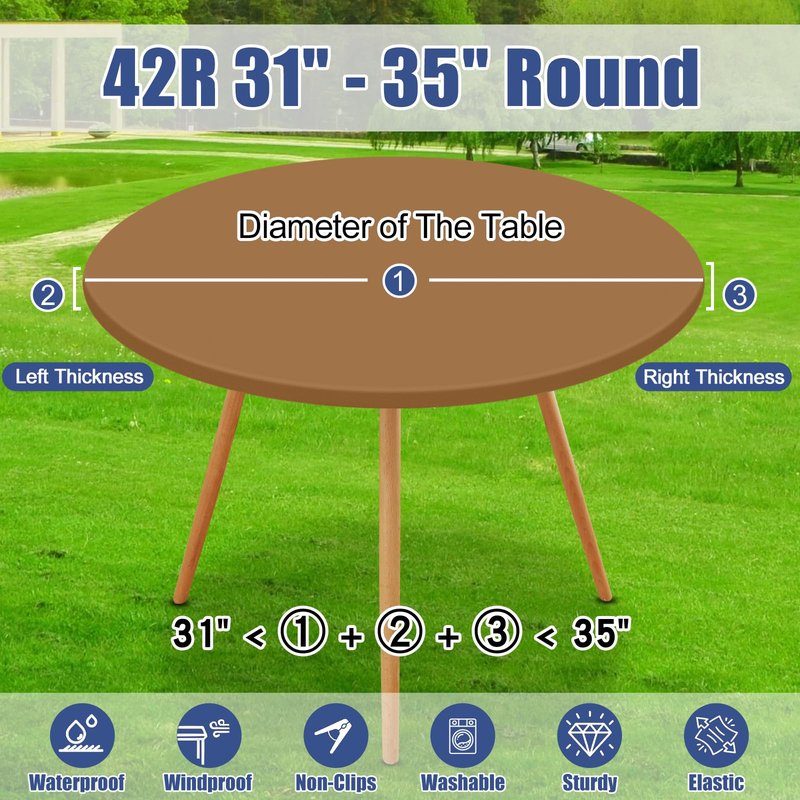 Moosfor Round Spandex Tablecloth, Elastic Fitted Waterproof Tablecloths for 31"-35" Tables, Stretch Washable Picnic Table Cover for Camping, Dining, Indoor and Outdoor,Brown