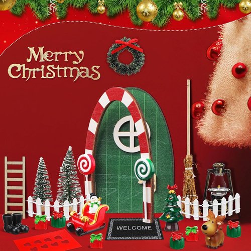 Gerrii Miniature Green Christmas Elf Fairy Doors - 25 Pcs Enchanted Decor Kit for Dollhouses & Rooms