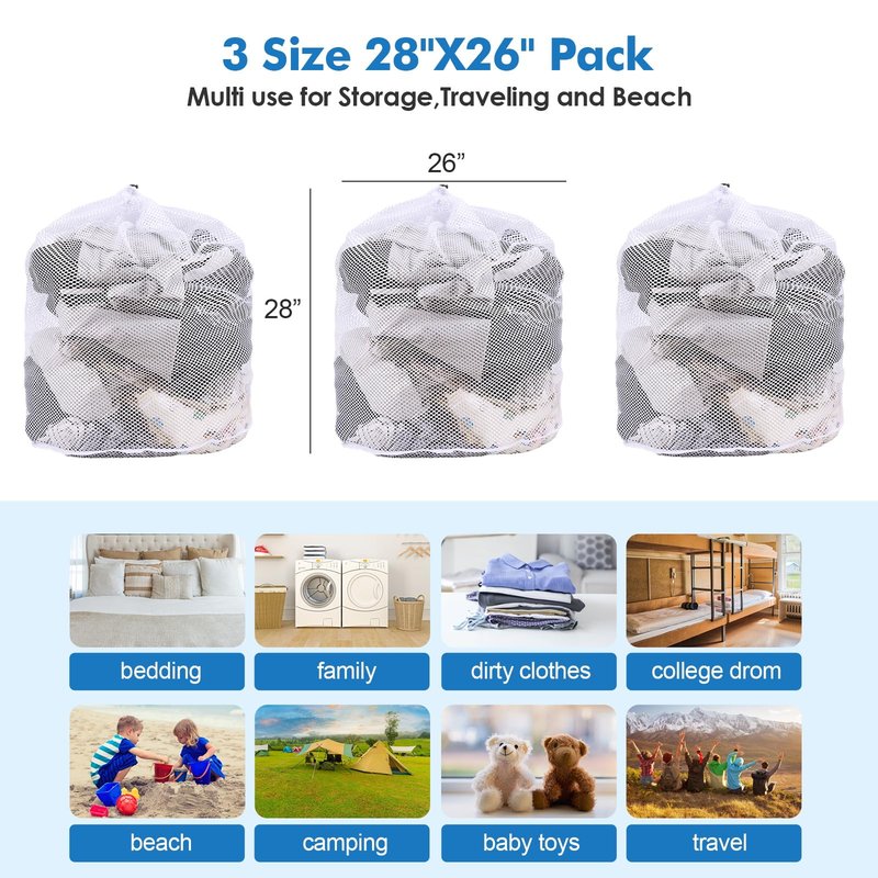 OKAKA 3Pcs Mesh Laundry Bags Washing Machine Mesh Wash Bags Jumbo for Delicates Clothes,Bed Linen,Toys with Drawstring Closure Sturdy(3 XXLarge 28 x 26 Inches)