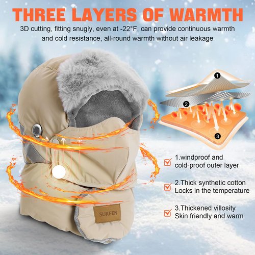 Sukeen Trapper Hats Windproof Winter Hat Water Repellent Warm Hat Lightweight Earflap Hat with Mask for Cold Snow Weather