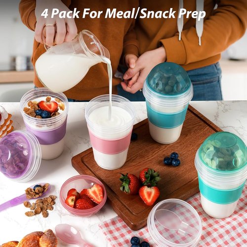 Freshmage 20 oz Yogurt Parfait Cups - Reusable Overnight Oats Containers with Lids & Spoons | 4 Pack