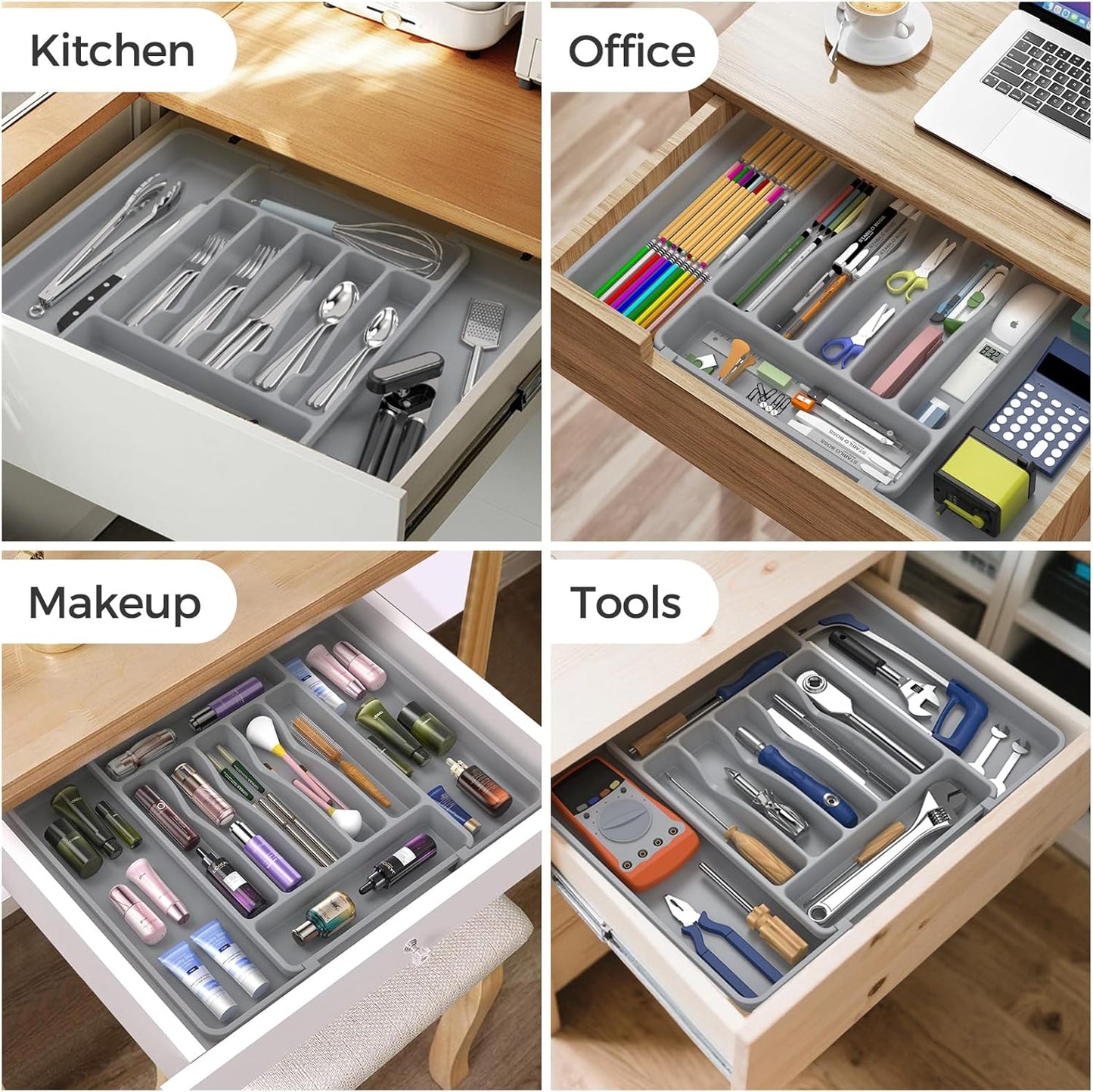 Ukeetap Extra Large Expandable Silverware Organizer - BPA-Free Cutlery Holder | Adjustable Gray Design