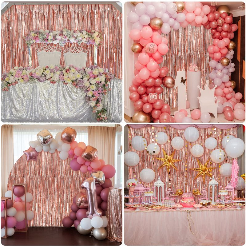 Crosize 4 Pack 3.3 x 9.9 ft Rose Gold Foil Fringe Backdrop Curtain, Streamer Backdrop Curtains, Streamers Birthday Party Decorations, Tinsel Curtain for Parties, Photo Booth Backdrops, Party Décor