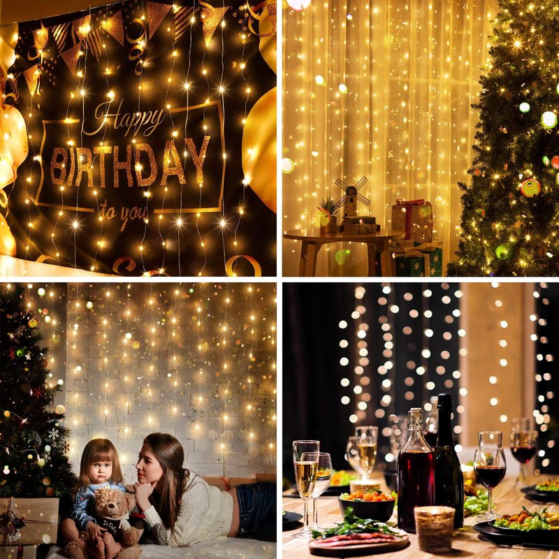 Tuanse 2 Pack 195 LED Curtain Tapestry Lights Backdrop String Lights, 6.5 x 5 Feet Hanging Fairy Curtain Light with 8 Lighting Modes and Remote for Bedroom Window Wall Indoor Outdoor Graduation Decor