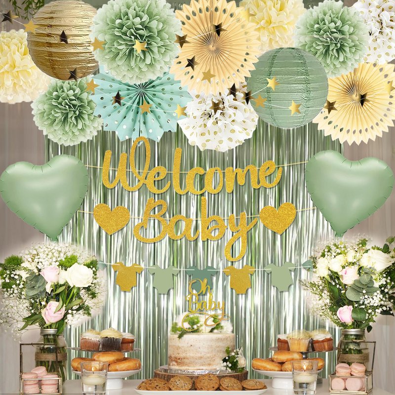 Sage Green Baby Shower Decorations - Gender Neutral Baby Shower Decor Set with Welcome Baby Banner, Tissue Pom Poms, Paper Lanterns, Flower Fans, Balloons, "Oh Baby" Cake Topper & Star Garland
