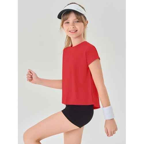 Haloumoning Girls Loose Athletic Shirts Short Sleeve Crop Tops Kids Quick Dry Gym Yoga Tees 5-14 Years