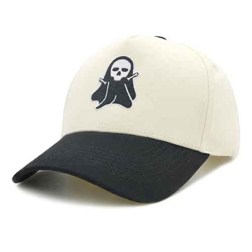 Embroidered Ghost Trucker Hat for Men & Women, Adjustable Horror Spooky Baseball Cap Black/Beige