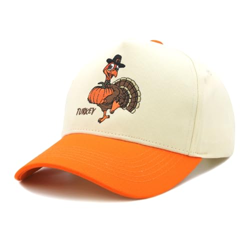 Embroidered Turkey Hats for Men & Women, Vintage Thanksgiving Trucker Hat, Adjustable Cotton Two-Tone Baseball Cap Orange/Beige
