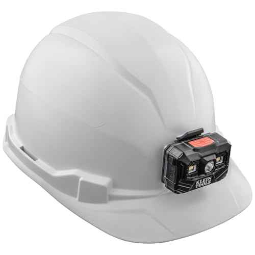 Klein Tools 60107RL Hard Hat, Rechargeable Headlamp, Non-vented, Cap Style, Padded Self-Wicking Odor-Resistant Sweatband, Tested up to 20kV, White