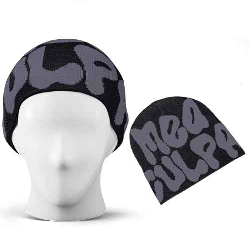 TaowaveWomen Beanie Y2k Hat,MEA Culpa Graphic Beanies Designs,Winter Hat Knit Skull Cap Gray Blue