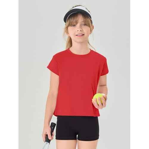 Haloumoning Girls Loose Athletic Shirts Short Sleeve Crop Tops Kids Quick Dry Gym Yoga Tees 5-14 Years