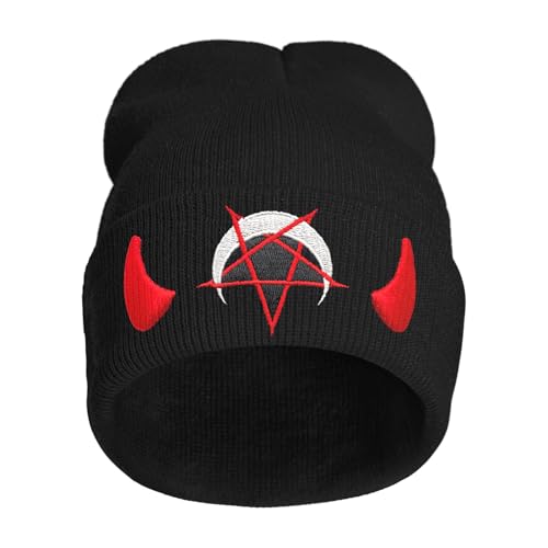 Spooky Horror Devil Horned Embroidery Beanie Knit Hat for Men Women, Casual Skull Knit Cap