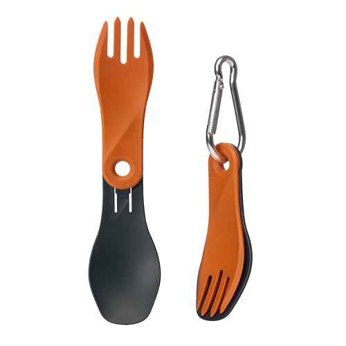 humangear GoBites Bio Spin - Compact Folding Spork for Travel, Camping & Everyday Carry - BPA-Free Bio-Based Utensil with Carabiner Hole, Dark Gray/Orange