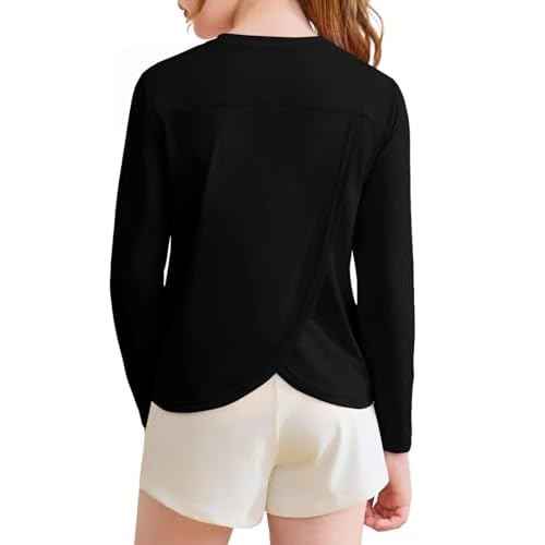 Haloumoning Girls Athletic Shirts Kids Long Sleeve Workout Tops Split Back Quick Dry T-Shirt 5-14Y