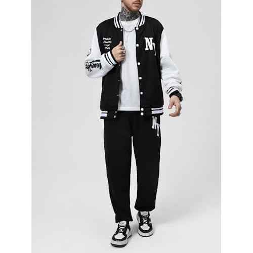 SOLY HUX Men's Tracksuit 2 Piece Outfits Color Block Letter Graphic Long Sleeve Varsity Jacket and Pants Set