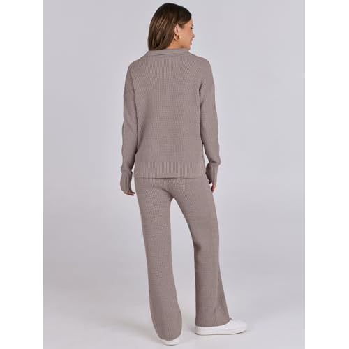 ANRABESS Women Two Piece Outfits Sweater Sets Lounge Waffle Knit Pullover Matching Wide Leg Pants Tracksuit 2025 Fall Fashion