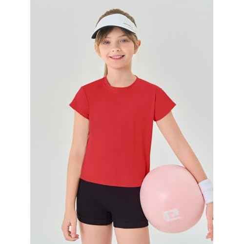 Haloumoning Girls Loose Athletic Shirts Short Sleeve Crop Tops Kids Quick Dry Gym Yoga Tees 5-14 Years