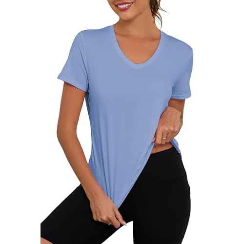 KevaMolly Workout Tops for Women V Neck UPF50+ Breathable Loose Fit Yoga T Shirts Short Sleeve Running Gym Athletic Tee Top