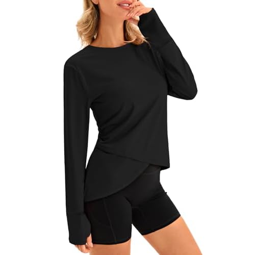 Fisoew Womens Long Sleeve Workout Tops Athletic Compression Shirts Crew Neck Cross Hem Running Yoga Active Shirts