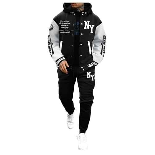 SOLY HUX Men's Tracksuit 2 Piece Outfits Color Block Letter Graphic Long Sleeve Varsity Jacket and Pants Set