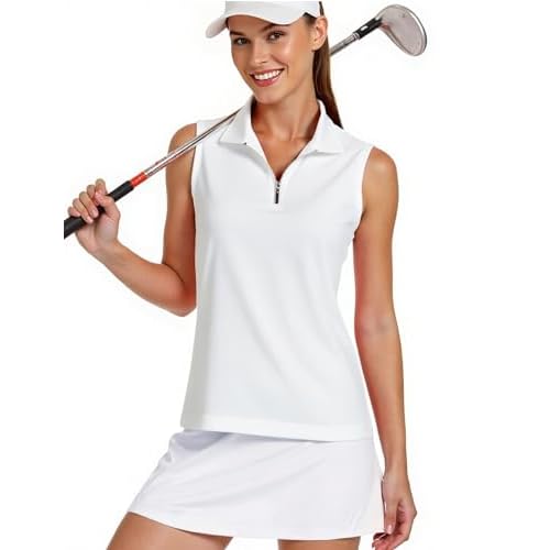AURUZA Womens Golf Shirt, Sleeveless Polo Shirts for Women V Neck Zip Collar Athletic Workout Tennis Tank Top Summer Outfit